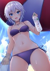 Rule 34 | 10s, 1girl, :d, anastasia (idolmaster), bare shoulders, beach, beach umbrella, bikini, blue eyes, blush, bottle, breasts, cleavage, cloud, cloudy sky, collarbone, crescent, day, from below, gluteal fold, highres, holding, holding bottle, idolmaster, idolmaster cinderella girls, jewelry, looking at viewer, nakatama kyou, navel, open mouth, outdoors, pendant, purple bikini, short hair, silver hair, sky, small breasts, smile, solo, stomach, sunlight, sweat, swimsuit, umbrella, water bottle