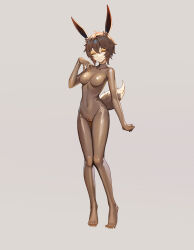 Rule 34 | 1girl, absurdres, animal ears, bodysuit, breasts, brown hair, closed eyes, commission, corruption, full body, grey background, hand on own chest, highres, medium breasts, original, pussy, rabbit ears, rabbit girl, rabbit tail, see-through, see-through bodysuit, shen hai ichigo, short hair, skin tight, solo, standing, tail, variant set