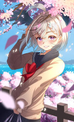 Rule 34 | 1girl, absurdres, ahoge, bag, blonde hair, blue hair, blue sailor collar, blue skirt, blush, bob cut, bow, braid, branch, brown sweater, c turtle, cherry blossoms, commentary, english commentary, enna alouette, falling petals, fence, gradient hair, head wings, highres, holding, holding bag, long sleeves, looking at viewer, multicolored hair, nijisanji, nijisanji en, outdoors, petals, pleated skirt, purple eyes, red bow, sailor collar, short hair, side braid, skirt, sleeves past wrists, smile, solo, sweater, tree, virtual youtuber, water, wind, wings, wooden fence