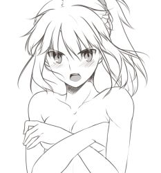 Rule 34 | 1girl, blush, braid, breasts, covering privates, covering breasts, crossed arms, fate/apocrypha, fate (series), french braid, greyscale, long hair, monochrome, mordred (fate), mordred (fate/apocrypha), nude, ponytail, scrunchie, sketch, small breasts, solo, tusia, type-moon