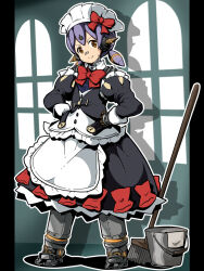 Rule 34 | 1girl, alternate costume, android, apron, black dress, black sleeves, bow, broom, brown eyes, bucket, closed mouth, cloth, commentary request, detached sleeves, dress, drop shadow, enmaided, frilled apron, frills, hands on own hips, highena, highres, holding rag, indoors, juliet sleeves, long sleeves, low twintails, maid, maid headdress, outline, pillarboxed, poppi (xenoblade), puffy sleeves, purple hair, rag, red bow, shadow, short twintails, smile, solo, twintails, white apron, white outline, window, xenoblade chronicles (series), xenoblade chronicles 2