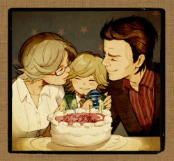 Rule 34 | 10s, 1girl, 2boys, ^ ^, age difference, barnaby brooks jr., barnaby brooks sr, birthday, birthday cake, blonde hair, brown hair, cake, candle, child, closed eyes, emily brooks, closed eyes, family, father and son, food, glasses, male focus, mother and son, multiple boys, sekiyamiya, short hair, tiger &amp; bunny, toy, aged down