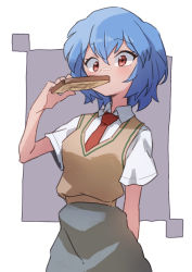 Rule 34 | 1girl, arms behind back, ayanami rei, blue hair, blush, bread, bread slice, commentary, food, food in mouth, gazacy (dai), grey background, hand up, highres, looking at viewer, mouth hold, necktie, neon genesis evangelion, red eyes, school uniform, short hair, simple background, solo, toast, toast in mouth, tokyo-3 middle school uniform