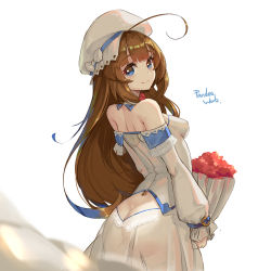 Rule 34 | 10s, 1girl, aged up, ahoge, alternate costume, artist name, ass, ass cutout, bare shoulders, blue eyes, bouquet, breasts, brown hair, butt crack, closed mouth, clothing cutout, commentary request, flower, from behind, hat, highres, hinatsuru ai, long hair, looking at viewer, pandea work, ryuuou no oshigoto!, see-through, sideboob, simple background, small breasts, smile, solo, very long hair, white background, white hat