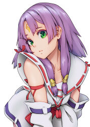 Rule 34 | 1girl, 4690 (tkpbsk), canon (zoids infinity), collarbone, colored eyelashes, detached sleeves, eyelashes, facial mark, forehead mark, frown, green eyes, hair tubes, highres, long hair, nontraditional miko, purple hair, red ribbon, ribbon, simple background, solo, white background, zoids, zoids infinity