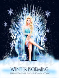 Rule 34 | 1girl, a song of ice and fire, absurdres, blonde hair, elsa (frozen), frozen (disney), game of thrones, highres, ice, parody, queen, sitting, snow, snowflakes, solo, throne