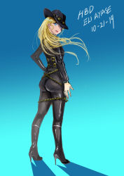 Rule 34 | 1girl, ass, ayase eli, black bodysuit, black hat, black high heels, blonde hair, blue background, blue eyes, blush, bodysuit, breasts, chain, cowboy hat, diamond princess no yuuutsu, female focus, full body, gold chain, gold necklace, hat, high heels, highres, jewelry, l0ssl3ssarts, large breasts, long hair, long sleeves, looking at viewer, looking back, love live!, love live! school idol festival, love live! school idol project, necklace, parted lips, ponytail, short hair, smile, solo