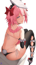 Rule 34 | 1boy, androgynous, animal ears, ass, astolfo (fate), back, bare shoulders, bikini, black bikini, black gloves, black thighhighs, blush, bow, braid, braided ponytail, elbow gloves, fake animal ears, fang, fate/apocrypha, fate (series), frilled hairband, frills, gloves, hair bow, hair intakes, hairband, highres, long hair, looking at viewer, looking back, maid headdress, micro bikini, multicolored hair, naughty face, one eye closed, pink hair, purple eyes, rabbit ears, rabbit tail, red bow, shiny skin, side-tie bikini bottom, sitting, skin fang, smile, solo, streaked hair, swimsuit, tail, thighhighs, thighs, thong, thong bikini, tongue, tongue out, trap, uo denim, white hair, wide hips