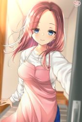 Rule 34 | 1girl, aged up, akino ell, alternate costume, apron, blue eyes, blush, breasts, collarbone, commentary request, door, doorway, go-toubun no hanayome, highres, indoors, long hair, looking at viewer, medium breasts, nakano miku, parted bangs, pink apron, pov doorway, red hair, shirt, smile, solo, white shirt