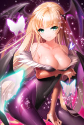 Rule 34 | 1girl, aile (crossroads), animal print, bare shoulders, bat print, bat wings, blonde hair, blush, breast hold, breasts, bridal gauntlets, bug, butterfly, capcom, cleavage, collarbone, cosplay, demon girl, frown, green eyes, head wings, helena k sink, helena k sync, holding, insect, large breasts, leotard, long hair, lowres, morrigan aensland, morrigan aensland (cosplay), pantyhose, pinky out, print pantyhose, purple pantyhose, solo, strapless, sword girls, vampire (game), very long hair, wings