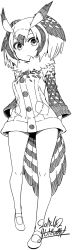 Rule 34 | 10s, 1girl, coat, dated, eurasian eagle owl (kemono friends), full body, fur collar, greyscale, head wings, highres, kemono friends, long sleeves, looking at viewer, monochrome, multicolored hair, pantyhose, shoes, short hair, signature, simple background, solo, standing, tail, white background, wings, yoshida hideyuki