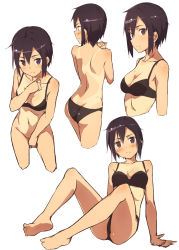 Rule 34 | 1girl, ass, bad id, bad pixiv id, barefoot, black bra, black eyes, black hair, blush, bottomless, bra, breasts, cleavage, covering privates, covering crotch, cropped legs, feet, kinta (distortion), looking at viewer, multiple views, navel, one-piece tan, original, short hair, simple background, sitting, sketch, smile, tan, tanline, topless, underwear, white background