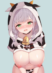 Rule 34 | 1girl, absurdres, animal print, bell, blush, braid, breasts, capelet, cow print, cowbell, flower, green eyes, grey hair, hair flower, hair ornament, highres, hololive, hood, hooded capelet, large breasts, leaning forward, looking at viewer, medium hair, navel, neck bell, nipples, open mouth, shirogane noel, simple background, solo, twin braids, virtual youtuber, yuruto