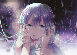 Rule 34 | 1girl, abstract background, building, crying, dark, diamond (shape), gem (symbol), hand on another&#039;s face, hands on another&#039;s face, light particles, lips, looking at viewer, looking up, original, out of frame, portrait, pov, purple hair, sad, sakuragi kei, short hair, solo focus, tears, upper body