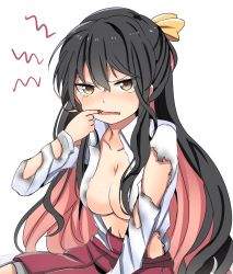 Rule 34 | 10s, 1girl, blouse, breasts, cleavage, dress, finger in own mouth, hair between eyes, kantai collection, naganami (kancolle), shirt, solo, tagme, tonari (ichinichime azuma), torn clothes, torn dress, torn shirt, white background, white shirt