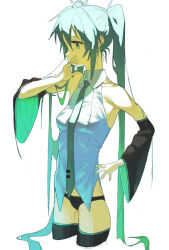 Rule 34 | 1girl, blue eyes, breasts, collared shirt, covering own mouth, cpompvjde54svc1, cropped legs, detached sleeves, green hair, hand on own hip, hatsune miku, highres, long hair, long sleeves, looking to the side, necktie, panties, shirt, sleeveless, sleeveless shirt, small breasts, solo, twintails, underwear, very long hair, vocaloid
