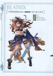 Rule 34 | 1girl, ;d, absurdres, armpits, beatrix (granblue fantasy), bikini, boots, breasts, brown hair, character name, cleavage, fingerless gloves, front-tie bikini top, front-tie top, full body, gloves, granblue fantasy, highres, looking at viewer, medium breasts, minaba hideo, official art, one eye closed, open mouth, sandals, scan, see-through, simple background, smile, solo, sunglasses, swimsuit, sword, thigh strap, toeless footwear, weapon, yellow eyes