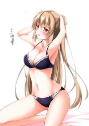 Rule 34 | 10s, 1girl, adjusting hair, armpits, arms up, bare shoulders, blush, bow, bow bra, bow panties, bra, breasts, cleavage, hands in hair, hands on own head, kantai collection, kneeling, light brown hair, long hair, murasame (kancolle), narukami ginryuu, navel, open mouth, panties, polka dot, polka dot bra, polka dot panties, red eyes, simple background, solo, text focus, translation request, underwear, underwear only, white background