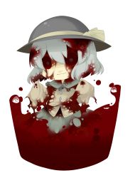 Rule 34 | 1girl, :3, absurdres, bad id, bad pixiv id, blood, chibi, creepy, cyrillic, eiri (eirri), female focus, hands in opposite sleeves, hat, highres, horror (theme), komeiji koishi, red eyes, russian text, short hair, solo, torn clothes, touhou
