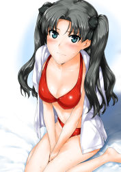 Rule 34 | 1girl, aqua eyes, between thighs, bikini, bikini under clothes, black hair, blue eyes, blush, bow, breasts, cleavage, fate/stay night, fate (series), female focus, hair bow, hair ribbon, jacket, jacket on shoulders, jacket over swimsuit, jin (mitosupa), kneeling, legs, long hair, open clothes, open shirt, red bikini, ribbon, shirt, solo, swimsuit, thighs, tohsaka rin, twintails, two side up, v arms, wet