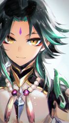 Rule 34 | 1boy, aqua hair, armor, bead necklace, beads, black hair, closed mouth, facial mark, forehead mark, genshin impact, grey background, highres, jewelry, looking at viewer, male focus, memna (renka roll), multicolored hair, necklace, portrait, shoulder armor, simple background, solo, tassel, xiao (genshin impact), yellow eyes