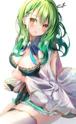 Rule 34 | 1girl, absurdres, amulet, antlers, blush, braid, breasts, ceres fauna, cleavage, dress, french braid, green hair, highres, hololive, hololive english, horns, large breasts, long hair, mihasu, open mouth, parted lips, simple background, sitting, solo, thighhighs, virtual youtuber, white background, yellow eyes, zettai ryouiki