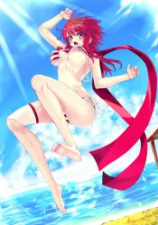 Rule 34 | 1girl, bare legs, beach, bikini, blade (soccer spirits), blush, bouncing breasts, breasts, day, highres, large breasts, long hair, looking at viewer, open mouth, outdoors, reason (ficafe), red eyes, red hair, scarf, side-tie bikini bottom, soccer spirits, solo, striped bikini, striped clothes, swimsuit, untied bikini, water, wet
