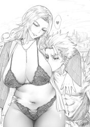 Rule 34 | 1boy, 1girl, absurdres, age difference, arm around waist, bleach, bra, breasts, female pubic hair, fkscrashing, greyscale, highres, hitsugaya toushirou, huge breasts, jewelry, lace, lace-trimmed bra, lace-trimmed panties, lace trim, lingerie, matsumoto rangiku, mature female, monochrome, muscular, muscular male, necklace, onee-shota, panties, pubic hair, pubic hair peek, skindentation, smile, spiked hair, underwear
