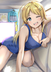 Rule 34 | 1girl, ;d, arm support, blonde hair, blue eyes, blue one-piece swimsuit, breasts, cleavage, clothes pull, collarbone, downblouse, hachimiya meguru, hair ornament, hairclip, highres, idolmaster, idolmaster shiny colors, indoors, kneeling, large breasts, long hair, looking at viewer, one-piece swimsuit, one-piece swimsuit pull, one eye closed, open mouth, parted bangs, school swimsuit, schreibe shura, sideboob, smile, solo, swimsuit, wink