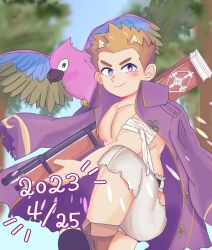 Rule 34 | 1boy, bandaged arm, bandages, bird, blush, brown hair, closed mouth, dated, feet out of frame, gun, harino (hari10o), highres, holding, holding gun, holding weapon, horns, jacket, looking at viewer, male focus, muscular, muscular child, parrot, purple eyes, purple jacket, robinson (housamo), short hair, smirk, solo, tokyo houkago summoners, torn clothes, weapon