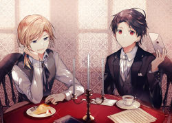 Rule 34 | 2boys, arm support, black jacket, black neckwear, blonde hair, blue ribbon, book, cake, candle, candlestand, card, chair, character request, commentary request, cup, food, fork, gem, hair ribbon, holding, holding fork, jacket, kazutake hazano, letter, long sleeves, looking at viewer, male focus, medium hair, multiple boys, parted lips, red eyes, ribbon, shiro seijo to kuro bokushi, shirt, short hair, short ponytail, side ponytail, sitting, smile, sweater vest, table, teacup, vest, white neckwear, white shirt
