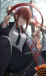 Rule 34 | 1girl, absurdres, animal collar, black necktie, black pants, blazer, blood, blood splatter, braid, braided ponytail, breasts, business suit, chain, chain leash, chainsaw, chainsaw man, closed mouth, collar, cross, formal, half-closed eyes, highres, jacket, leash, long sleeves, makima (chainsaw man), medium breasts, necktie, open clothes, open jacket, pants, red hair, shirt tucked in, silvertsuki, smile, squatting, suit, yellow eyes