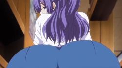 Rule 34 | 1boy, 1girl, animated, animated gif, ass, breasts, bulge, buttjob, buttjob over clothes, clothes, erection, erection under clothes, from behind, huge ass, mankitsu happening, purple eyes, purple hair, suzukawa rei, zipper