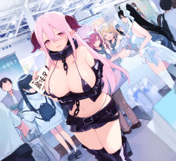 Rule 34 | absurdres, bikini, blush, breasts, chain, collar, demon horns, detached sleeves, dress, exhibitionism, fujiyama, highres, holding, holding sign, horns, huge breasts, large breasts, long hair, micro bikini, multiple girls, navel, original, pink eyes, pink hair, public indecency, short shorts, shorts, sign, swimsuit, thighhighs, white dress