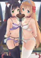 Rule 34 | 2girls, animal ear fluff, animal ears, arms behind back, asymmetrical docking, bdsm, black hair, black legwear, blue eyes, blush, bondage, bound, bound arms, bound together, bra, breast press, breasts, cameltoe, candy, cat ears, cat girl, cat tail, chocolate, chocolate heart, cleavage, cleft of venus, collar, collarbone, commentary request, crotch rope, food, frilled bra, frills, garter belt, green eyes, heart, highres, indoors, karyl (princess connect!), kneeling, lace, lace-trimmed bra, lace-trimmed legwear, lace trim, long hair, looking at viewer, low twintails, medium breasts, mouth hold, multicolored hair, multiple girls, navel, nekomushi, o-ring, orange hair, panties, panties over garter belt, pecorine (princess connect!), princess connect!, purple bra, purple panties, restrained, stomach, streaked hair, tail, thighhighs, tiara, twintails, two-tone hair, underwear, underwear only, very long hair, white bra, white hair, white legwear, white panties