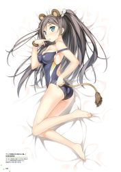 Rule 34 | 1girl, adjusting clothes, adjusting swimsuit, animal ears, ass, bare legs, bare shoulders, barefoot, bed sheet, black hair, blue eyes, blush, breasts, cleavage, competition swimsuit, covered erect nipples, fake animal ears, female focus, finger to mouth, full body, hairband, hentai ouji to warawanai neko., highres, impossible clothes, impossible swimsuit, kantoku, lion ears, lion tail, long hair, looking back, medium breasts, one-piece swimsuit, page number, ponytail, solo, strap slip, swimsuit, tail, tsutsukakushi tsukushi, very long hair, wristband