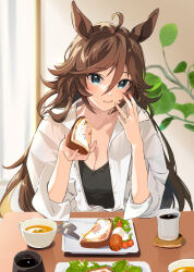 Rule 34 | 1girl, ahoge, alternate costume, animal ears, black tank top, blue eyes, blurry, blurry background, bread, breasts, brown hair, carrot, cleavage, closed mouth, coffee, coffee mug, commentary request, cup, curtains, food, fork, hair between eyes, holding, holding food, horse ears, horse girl, jewelry, long hair, looking at viewer, medium breasts, misu kasumi, mr. c.b. (umamusume), mug, open clothes, open shirt, pov, ring, shirt, smile, solo, soup, spoon, tank top, umamusume, wedding ring, white shirt