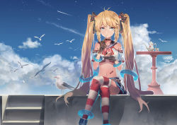 Rule 34 | 1girl, absurdres, andrea doria (warship girls r), bandaid, bare shoulders, bird, blonde hair, blue eyes, cake, choker, cloud, crop top, crossed legs, cup, day, eating, food, hair ribbon, highres, italian flag, long hair, looking at viewer, midriff, navel, outdoors, remodel (warship girls r), ribbon, seagull, sitting, skirt, sky, solo, striped clothes, striped thighhighs, teacup, teapot, thighhighs, twintails, very long hair, warship girls r, wasd, wasd (yyo694065745)