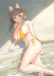 Rule 34 | 1girl, absurdres, animal ears, arukiru, beach, bikini, blunt bangs, breasts, brown hair, cat ears, cat girl, cat tail, closed mouth, collarbone, commentary request, hair ribbon, highres, large breasts, long hair, looking at viewer, lying, on side, original, ribbon, sand, side-tie bikini bottom, smile, swimsuit, tail, water, wet, yellow eyes, yellow ribbon