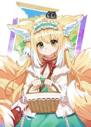 Rule 34 | 1girl, animal ears, arknights, bag, basket, blonde hair, blue hairband, blue skirt, blush, closed mouth, commentary request, crossover, drd1, fox ears, fox girl, fox tail, frilled hairband, frills, green eyes, hair between eyes, hairband, heixiu, high-waist skirt, highres, holding, holding basket, jacket, kitsune, long hair, long sleeves, looking at viewer, multicolored hair, neck ribbon, on head, open clothes, open jacket, puffy long sleeves, puffy sleeves, red ribbon, ribbon, shirt, shoulder bag, skirt, sleeves past wrists, smile, suzuran (arknights), suzuran (spring praise) (arknights), tail, luo xiaohei zhanji, two-tone hair, very long hair, white hair, white jacket, white shirt