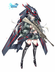 Rule 34 | 1girl, :d, ace virgin, aircraft, airplane, b-1 lancer, belt, black footwear, blue eyes, boots, camouflage, camouflage jacket, camouflage skirt, copyright name, fhalei, finger on trigger, full body, grey hair, gun, hair between eyes, heavy bomber, helmet, high heel boots, high heels, highres, holding, holding gun, holding weapon, jacket, knee boots, logo, long hair, long sleeves, looking at viewer, machinery, mecha musume, midriff, muzzle device, navel, north american rockwell, open mouth, penetrator (aircraft), pleated skirt, rifle, rockwell international, scope, skirt, skull, smile, sniper rifle, solo, standing, strategic bomber, supersonic aircraft, very long hair, weapon, weapon request, white background