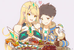 Rule 34 | 1boy, 1girl, arm around shoulder, blonde hair, breasts, brown hair, chest jewel, cleavage, cleavage cutout, clothing cutout, detached sleeves, earrings, food, gem, gloves, headpiece, heart, highres, jewelry, large breasts, linzi, mythra (xenoblade), nintendo, open mouth, plate, rex (xenoblade), sandwich, smile, swept bangs, tiara, white gloves, xenoblade chronicles (series), xenoblade chronicles 2, yellow eyes
