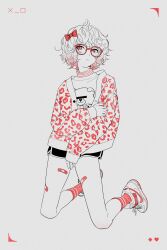 Rule 34 | 1girl, acubi tomaranai, bandaid, bandaid on leg, black shorts, bow, censored, closed mouth, diamond (shape), dolphin shorts, full body, glasses, gradient hair, grey background, hair bow, heart, high tops, highres, identity censor, kneeling, long sleeves, looking at viewer, multicolored hair, nike (company), nike air force 1, original, red eyes, red socks, shoes, short hair, short shorts, shorts, simple background, sleeves past wrists, sneakers, socks, solo
