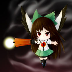 Rule 34 | 1girl, arm cannon, asymmetrical footwear, atom, bare arms, black thighhighs, black wings, blouse, bow, brown hair, buttons, cape, chibi, closed mouth, collared shirt, energy, frilled skirt, frills, full body, green bow, green skirt, hair bow, highres, ja komurashi, long hair, looking at viewer, mismatched footwear, no wings, outstretched arms, puffy short sleeves, puffy sleeves, red eyes, reiuji utsuho, shirt, short sleeves, skirt, smile, solo, spread arms, steam, thighhighs, third eye, touhou, very long hair, walking, weapon, white shirt, wind, wings, zettai ryouiki