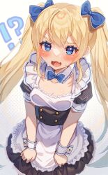 Rule 34 | !?, 1girl, alternate costume, apron, bandaid, bandaid on cheek, bandaid on face, blonde hair, blue bow, blue bowtie, blue eyes, blue ribbon, blush, bow, bowtie, breasts, collarbone, dress, embarrassed, enmaided, fang, frilled apron, frilled dress, frills, goddess of victory: nikke, hair ribbon, highres, holding, holding clothes, holding skirt, laplace (nikke), long hair, looking at viewer, maid, maid apron, maid headdress, ribbon, shimada (smd dms), skin fang, skirt, small breasts, sweat, twintails, white apron, wrist cuffs