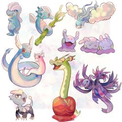 Rule 34 | absurdres, altaria, alternate color, animal focus, apple, bagon, beak, black eyes, claws, closed eyes, closed mouth, cloud, colored skin, commentary, creatures (company), dragonair, dratini, fang, fangs, fish, food, fruit, game freak, gen 1 pokemon, gen 3 pokemon, gen 5 pokemon, gen 6 pokemon, gen 7 pokemon, goomy, green skin, head wings, highres, horns, horsea, hydrapple, hydreigon, jangmo-o, kelp, nintendo, no humans, open mouth, pokemon, pokemon (creature), purple skin, red eyes, seahorse, shiny pokemon, simple background, skin fangs, snake, solid oval eyes, spyg, standing, tail, white background, wings, worm, yellow eyes
