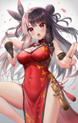 Rule 34 | 1girl, :o, ahoge, akabane (zebrasmise), bare shoulders, black hair, breasts, china dress, chinese clothes, cleavage, cleavage cutout, clothing cutout, covered navel, cowboy shot, double bun, dress, groin, hair bun, hair ribbon, highres, large breasts, leg up, long hair, looking at viewer, multicolored hair, nail polish, nijisanji, no panties, open mouth, outstretched arm, pelvic curtain, red dress, red eyes, ribbon, sleeveless, sleeveless dress, solo, split-color hair, standing, standing on one leg, streaked hair, thighs, two-tone hair, two side up, virtual youtuber, yorumi rena