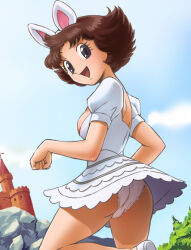 Rule 34 | 1girl, ass, breasts, castle, character request, cloud, dress, haruyama kazunori, looking at viewer, open mouth, panties, retro artstyle, short hair, skirt, smile, solo, tree, underwear, white dress, white panties
