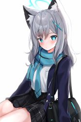 Rule 34 | 1girl, absurdres, animal ear fluff, animal ears, bag, black skirt, blue archive, blue eyes, blue necktie, blue scarf, blush, closed mouth, commentary, fringe trim, grey hair, hair between eyes, halo, highres, jacket, long hair, long sleeves, looking at viewer, maru ccy, necktie, open clothes, open jacket, purple jacket, scarf, shiroko (blue archive), shoulder bag, simple background, sitting, skirt, solo, white background