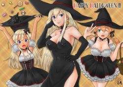Rule 34 | 3girls, ;d, ahoge, alternate costume, basket, bismarck (kancolle), black cat, black dress, black gloves, black headwear, black ribbon, blonde hair, blue eyes, breasts, candy, cat, cleavage, dress, elbow gloves, covered erect nipples, food, gloves, green eyes, hair ribbon, halloween, hat, holding, holding basket, holding clothes, holding hat, kantai collection, large breasts, long hair, looking at viewer, mikeneko 2828, multiple girls, one eye closed, open mouth, plaid, plaid background, pointy hat, prinz eugen (kancolle), ribbon, ro-500 (kancolle), smile, tan, twintails, witch, witch hat